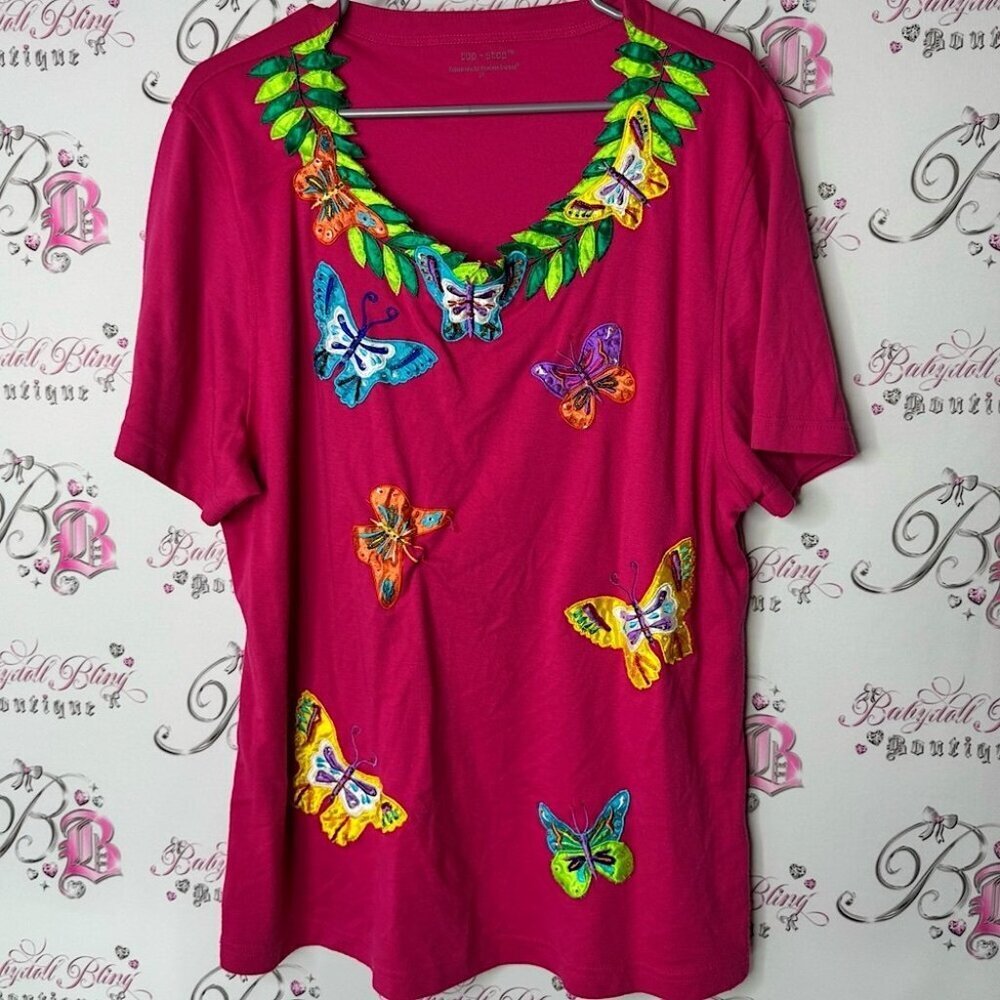 Top stop princess cruises embroidered tee tshirt Vibrant Pink Butterfly Top